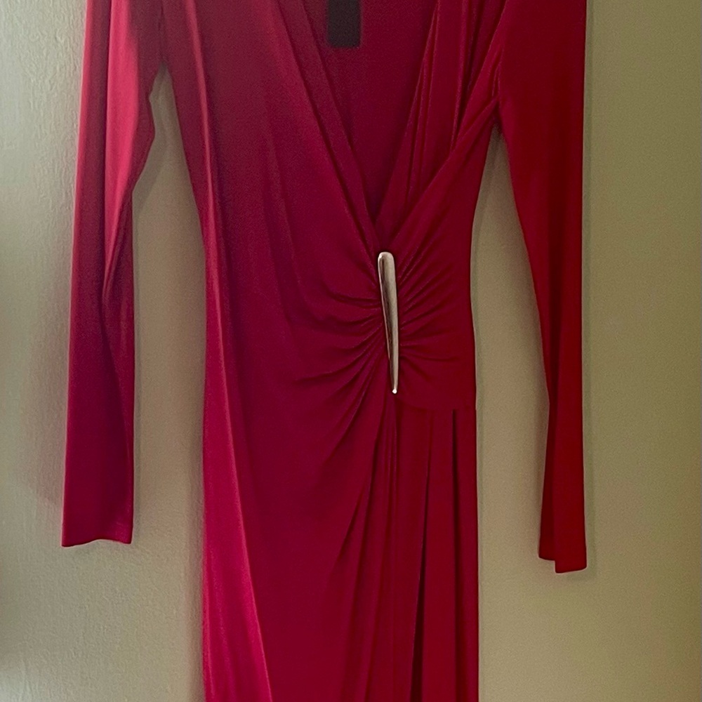 Dona Karan Elegant Red Long Sleeve Dress
